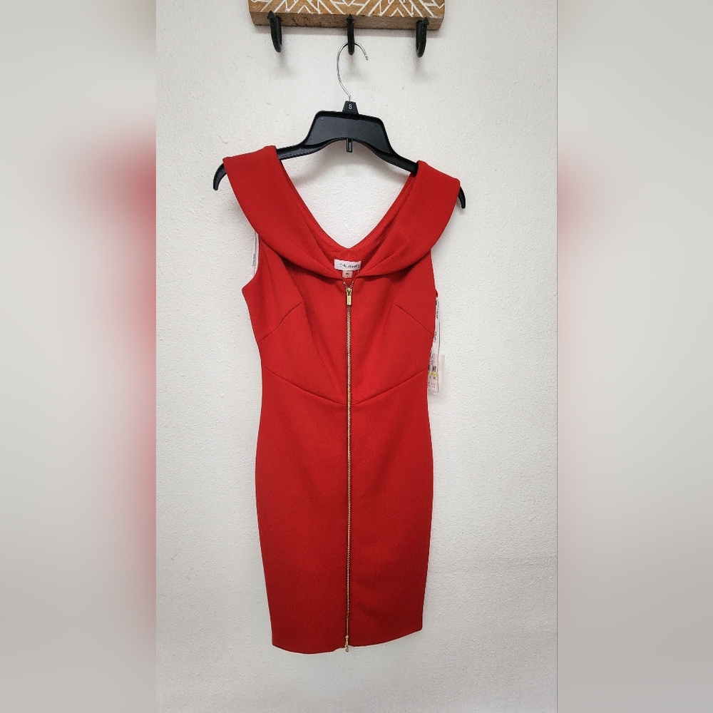 Calvin Klein Red Scuba Sheath Dress with Full Front Zipper Gold